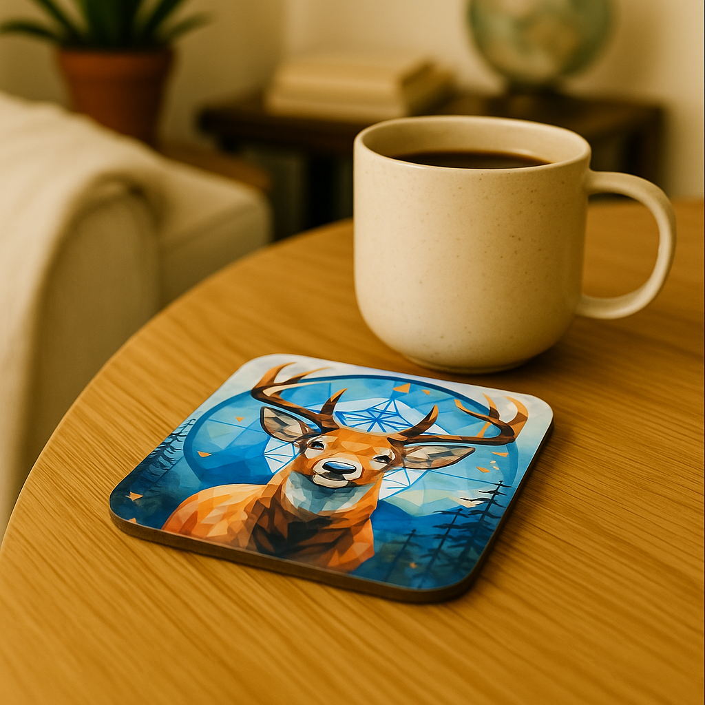 Geometric Buck on Blue and White Background Hardboard Coaster – 3.5" Square
