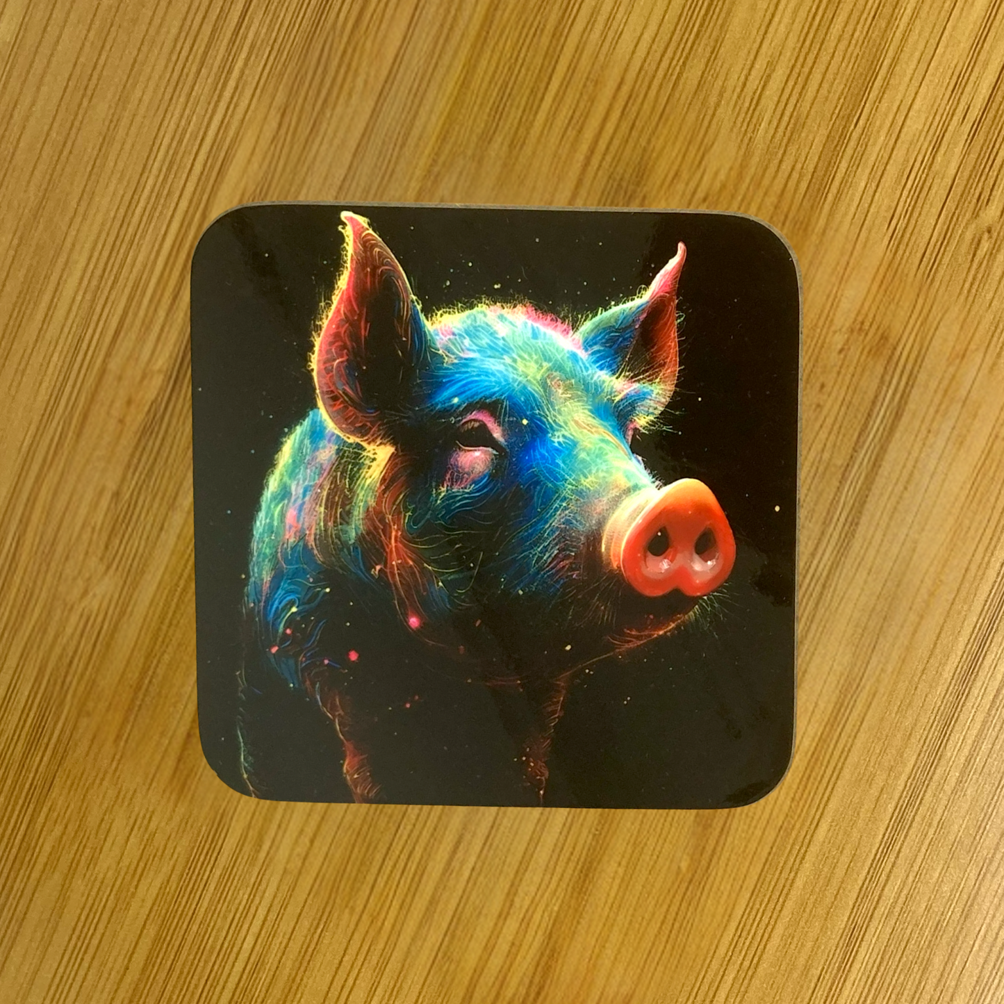 Colorful Pig Hardboard Coaster – 3.5" Square