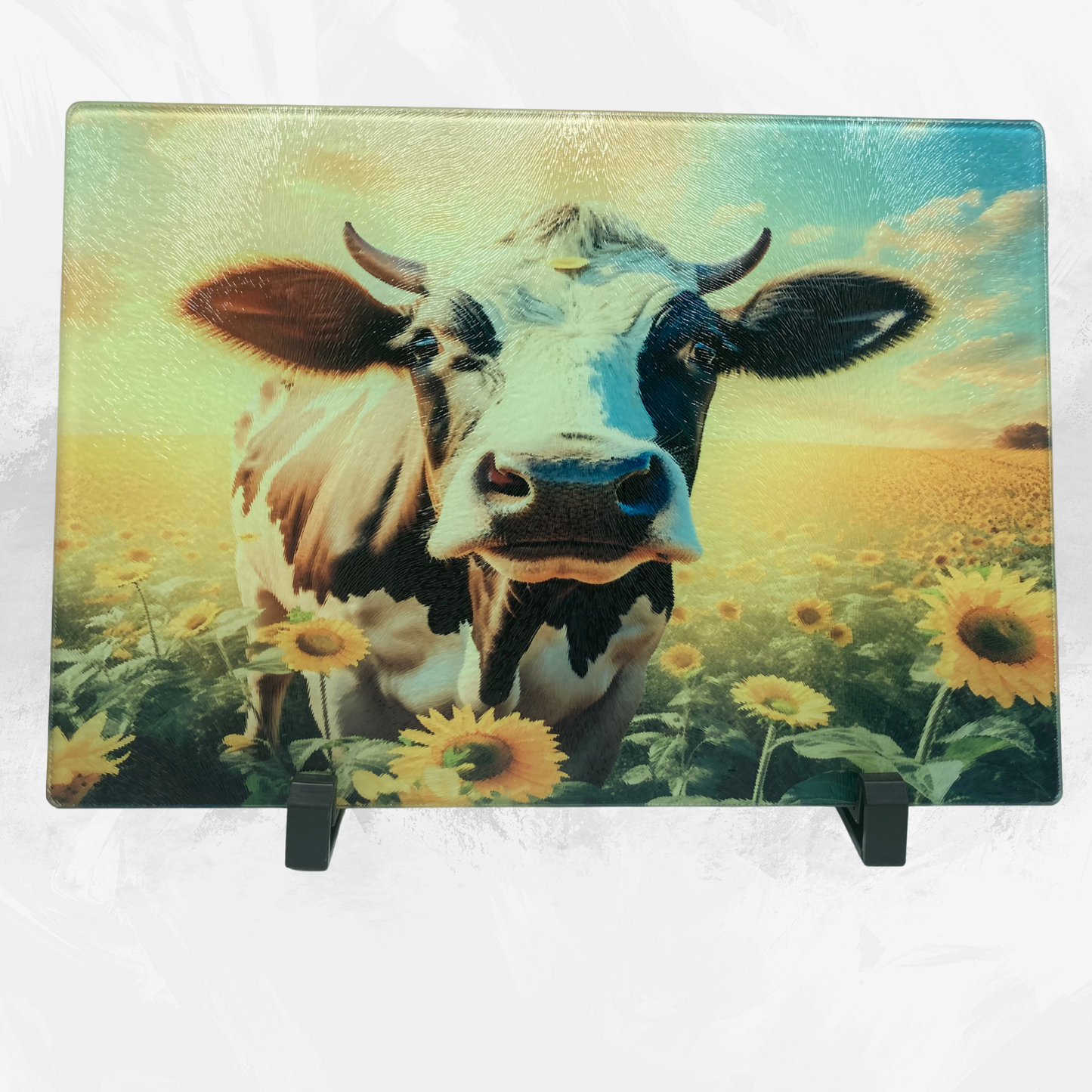 Sunflower Field Cow Glass Cutting Board – Rustic Farm Style