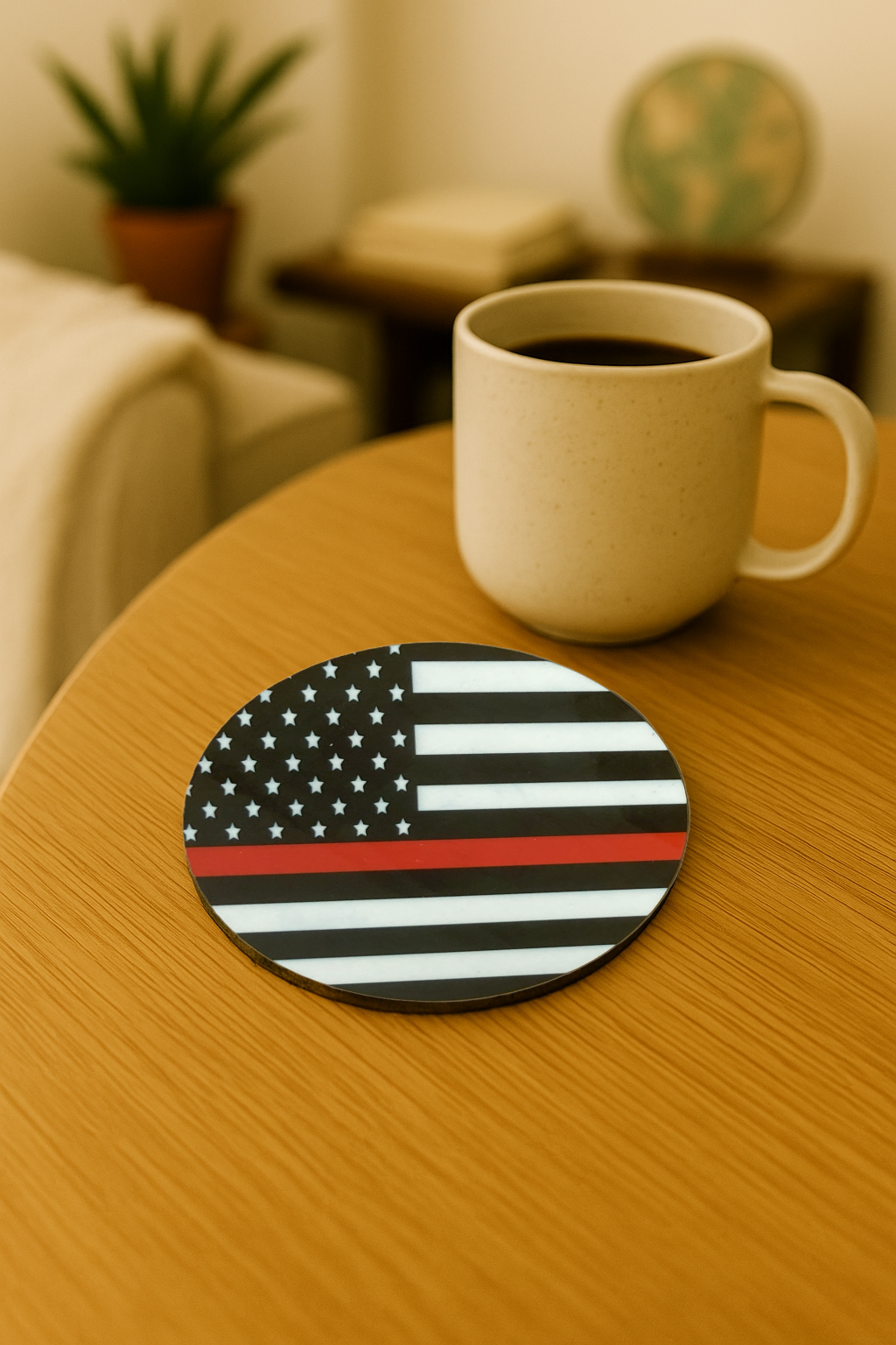 Thin Red Line American Flag Hardboard Coaster – 3.5" Round