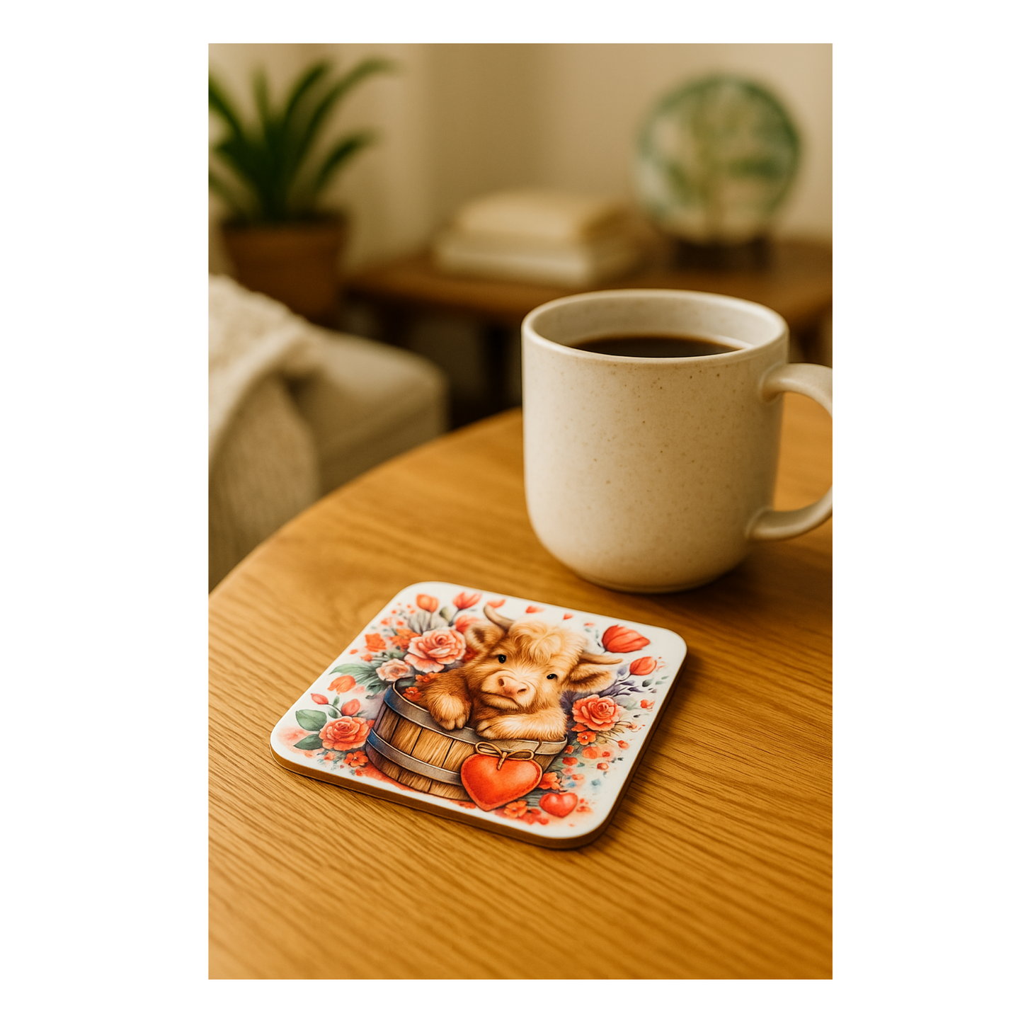 Heart Highland Cow Hardboard Coaster – 3.5" Square