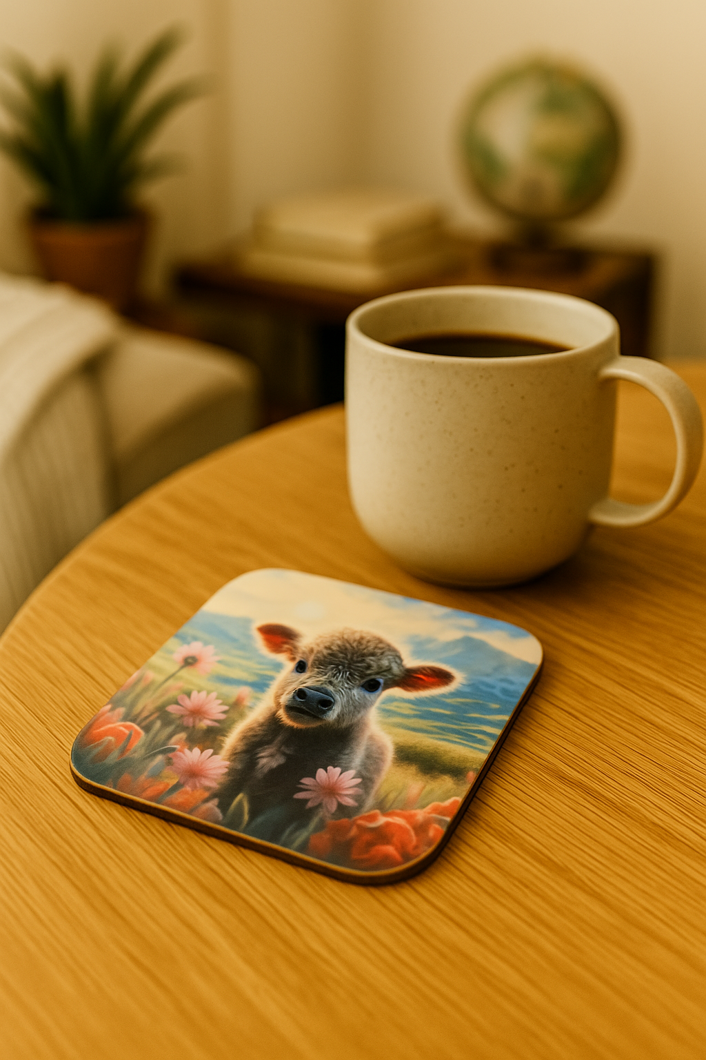 Highland Calf in Wildflowers Hardboard Coaster – 3.5" Square