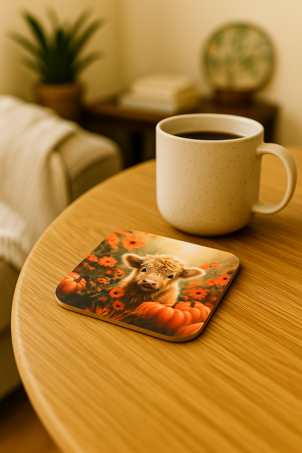 Highland Calf in Pumpkin Patch Hardboard Coaster – 3.5" Square