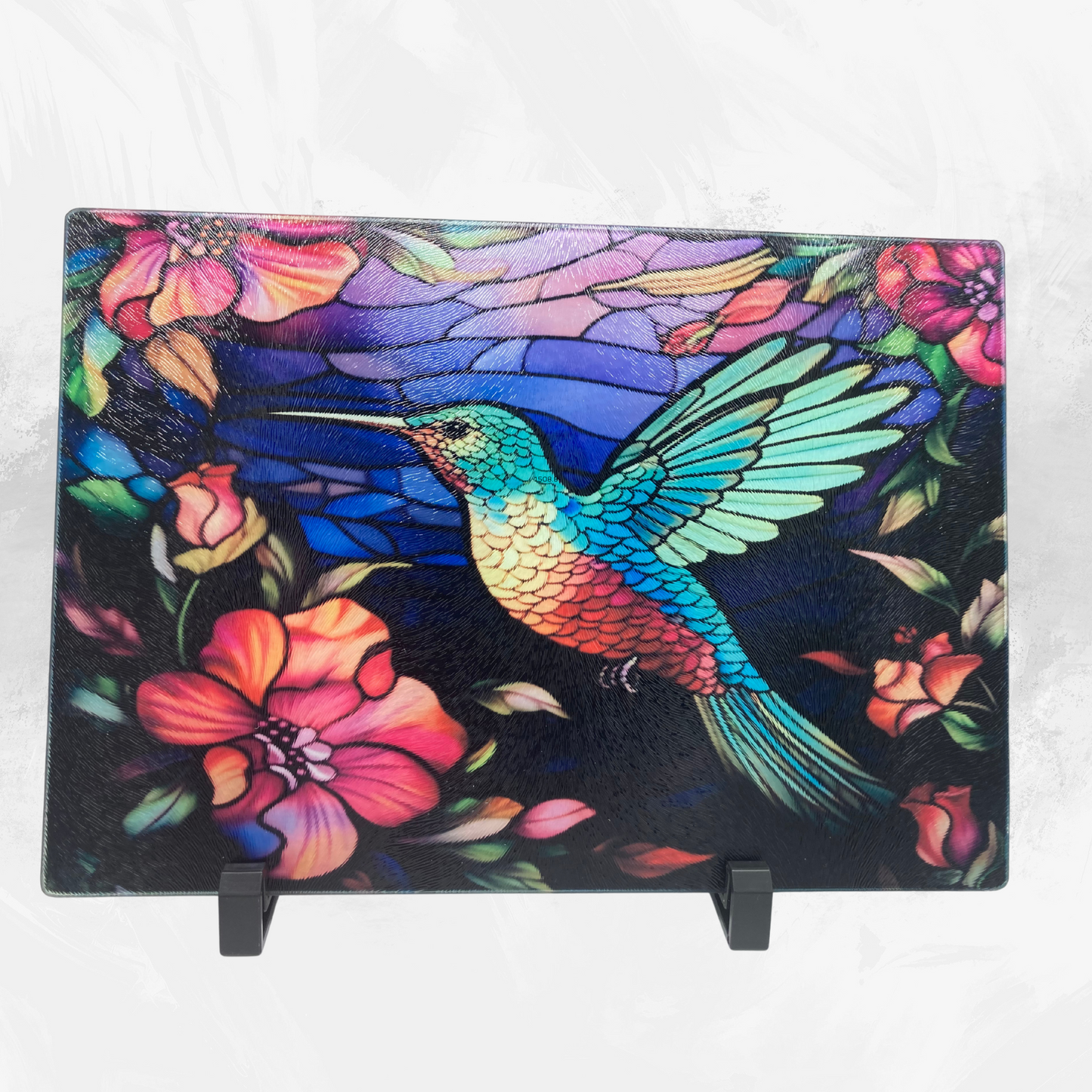 Hummingbird and Floral Glass Cutting Board – Vibrant Nature Kitchen Art