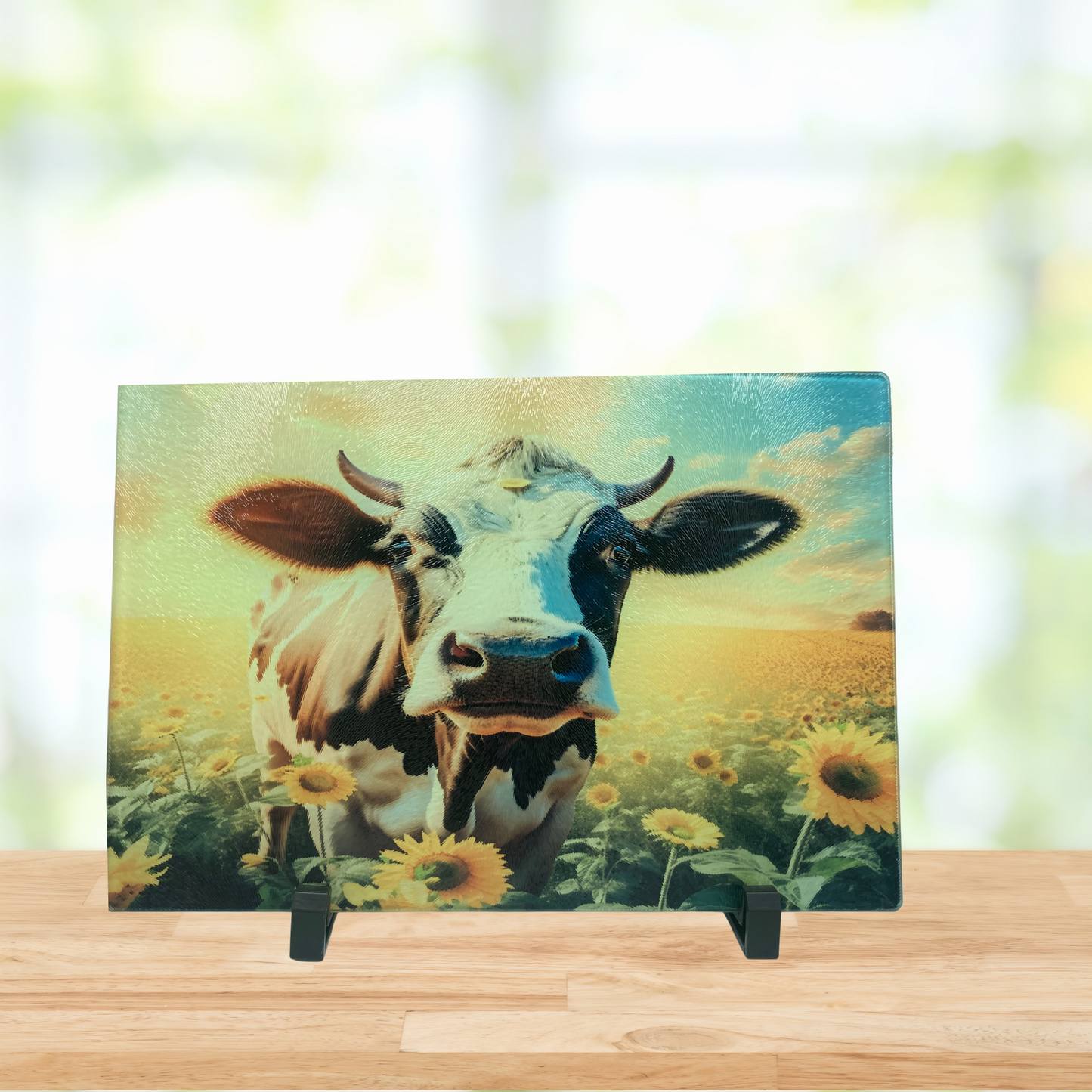 Sunflower Field Cow Glass Cutting Board – Rustic Farm Style