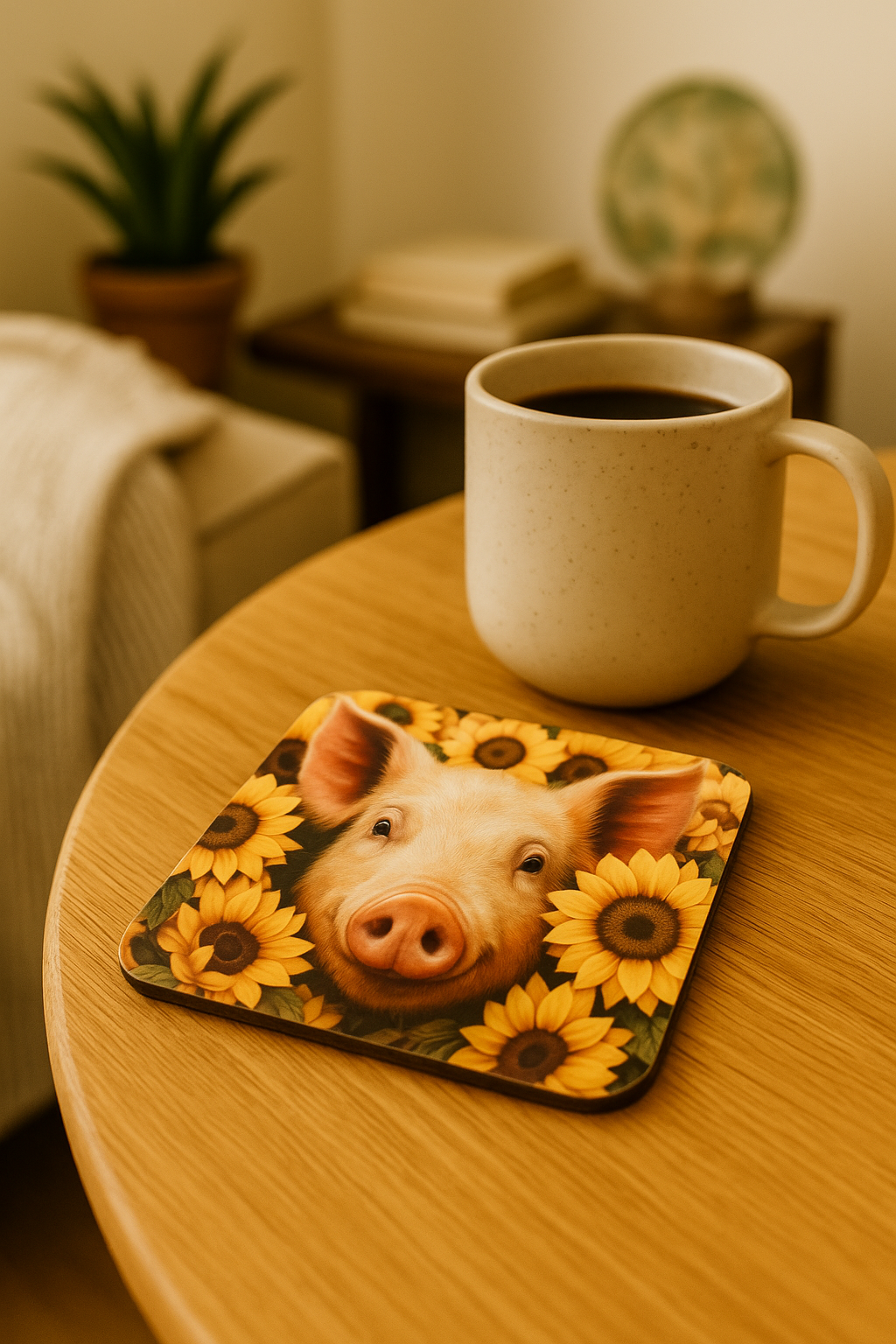 Pig in Sunflowers Hardboard Coaster – 3.5" Square