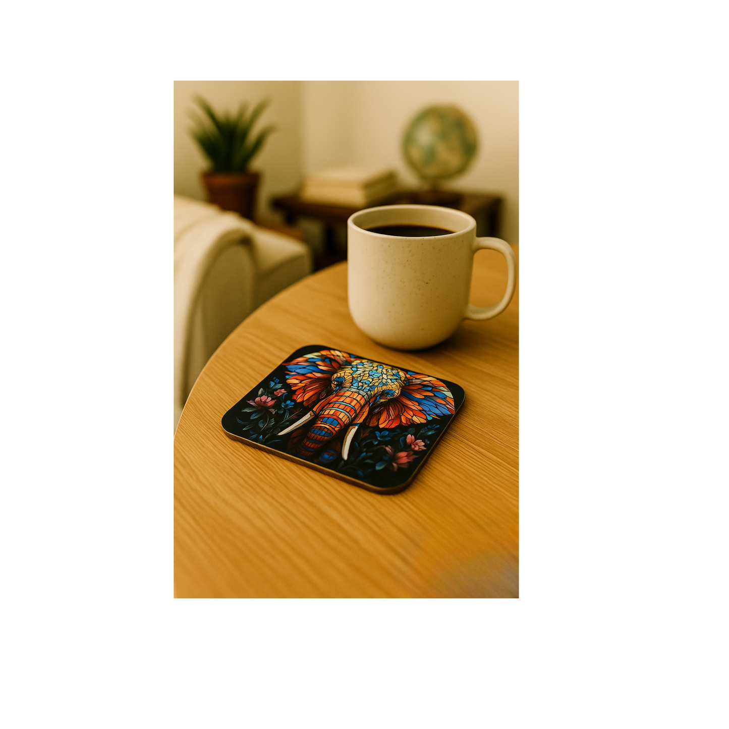 Stained Glass Elephant Hardboard Coaster – 3.5" Square
