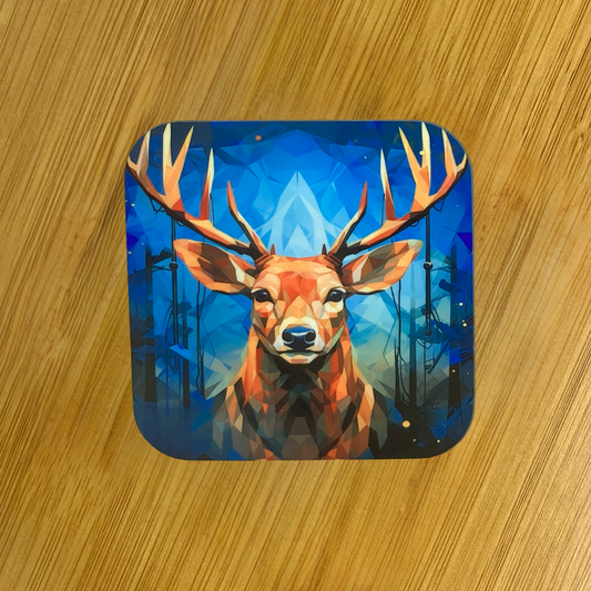 Geometric Buck on Blue Background Hardboard Coaster – 3.5" Square