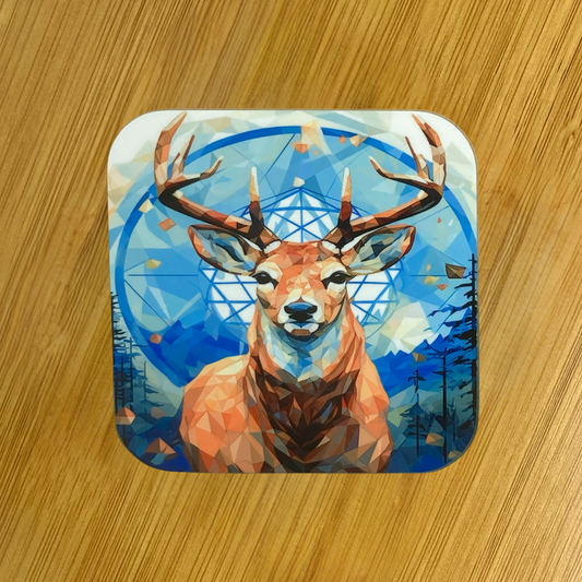 Geometric Buck on Blue and White Background Hardboard Coaster – 3.5" Square