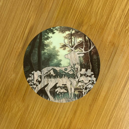 Deer with Forest and Mountain Scene Hardboard Coaster – 3.5" Round