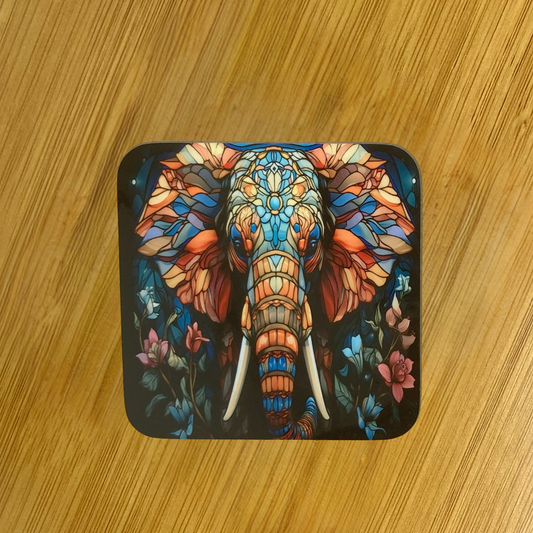 Stained Glass Elephant Hardboard Coaster – 3.5" Square