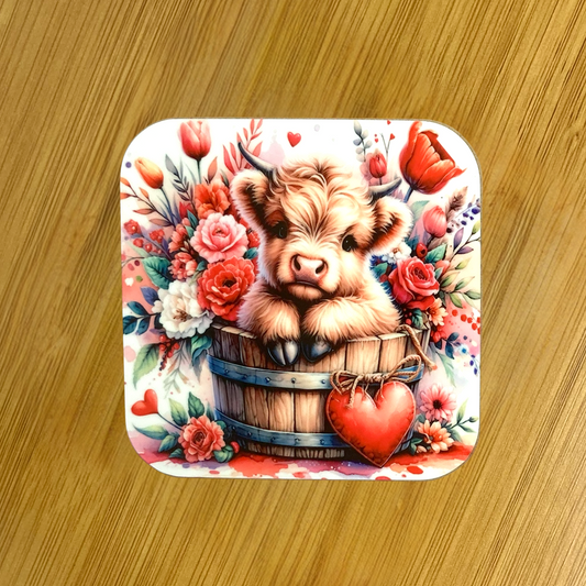 Heart Highland Cow Hardboard Coaster – 3.5" Square