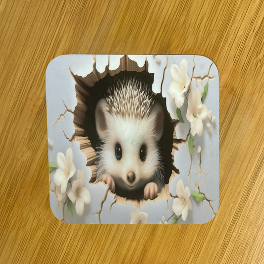 Peekaboo Hedgehog Hardboard Coaster – 3.5" Square