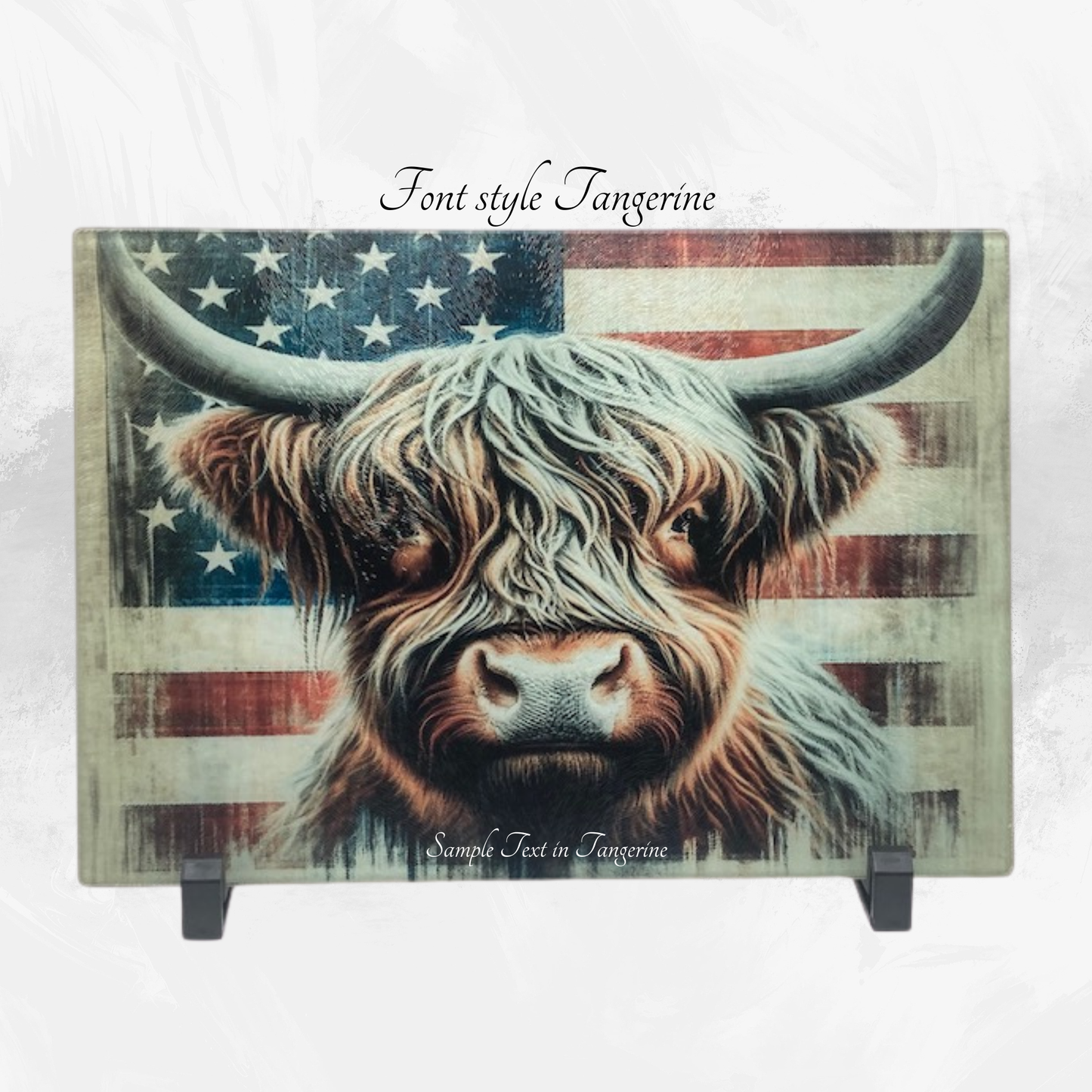 Personalized Highland Cow Flag Glass Cutting Board | Custom Patriotic Farmhouse Gift