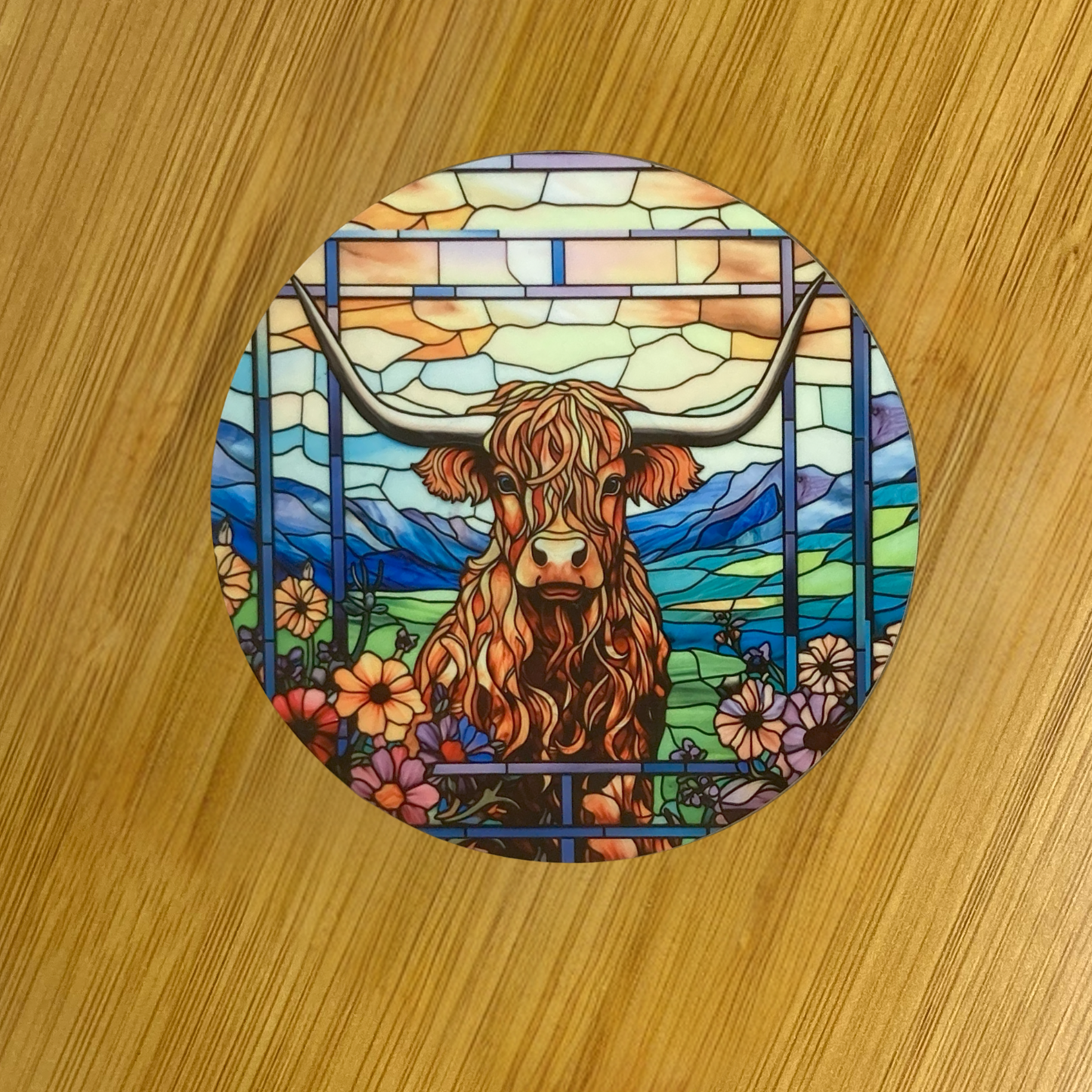 Highland Cow Stained Glass Hardboard Coaster – 3.5" Round