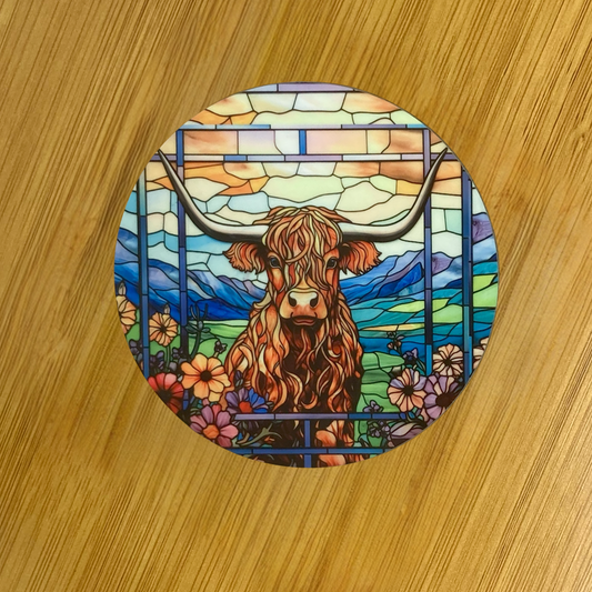 Highland Cow Stained Glass Hardboard Coaster – 3.5" Round
