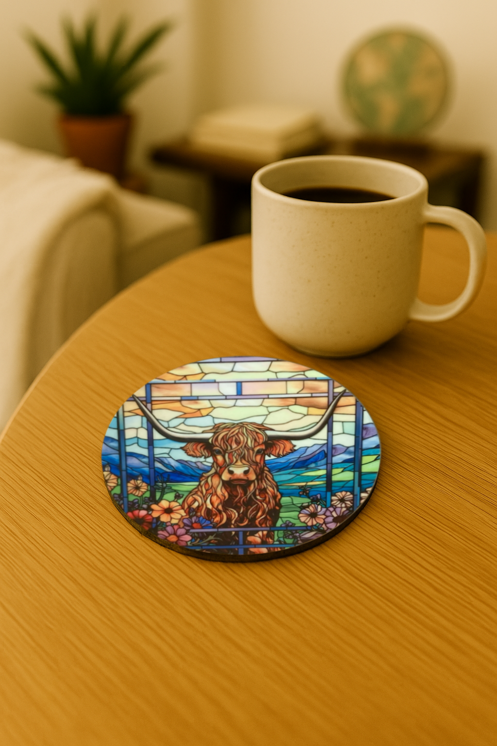 Highland Cow Stained Glass Hardboard Coaster – 3.5" Round