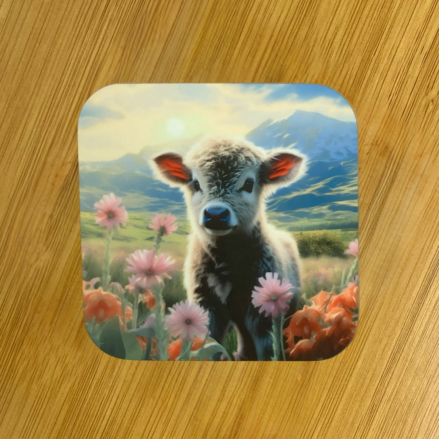 Highland Calf in Wildflowers Hardboard Coaster – 3.5" Square