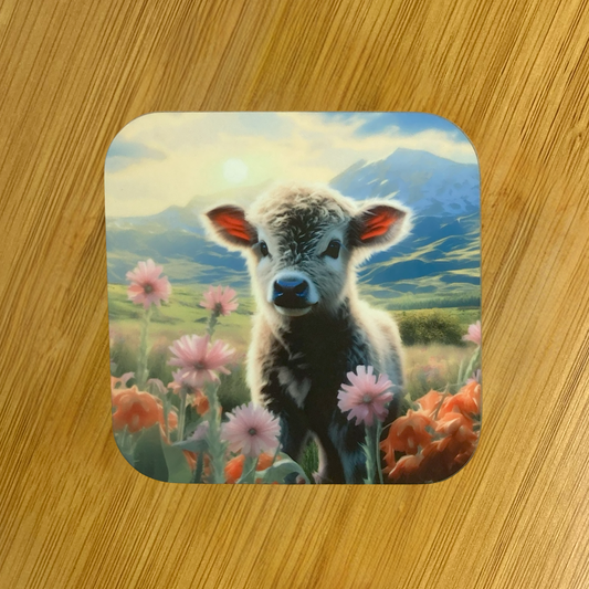 Highland Calf in Wildflowers Hardboard Coaster – 3.5" Square