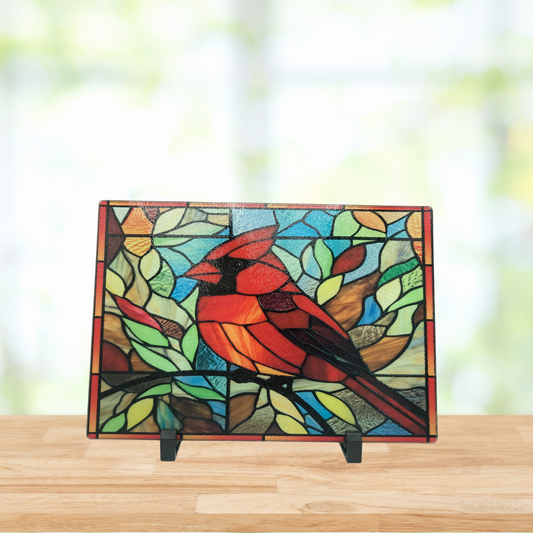 Stained Glass Cardinal Cutting Board – Vibrant Bird Art for Kitchen