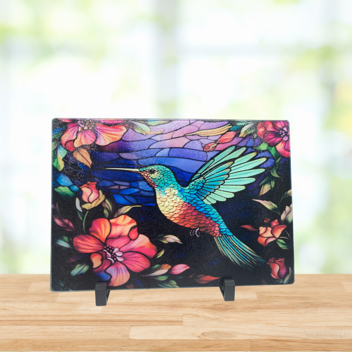 Hummingbird and Floral Glass Cutting Board – Vibrant Nature Kitchen Art