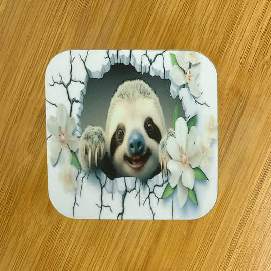 Peekaboo Sloth Hardboard Coaster – 3.5" Square