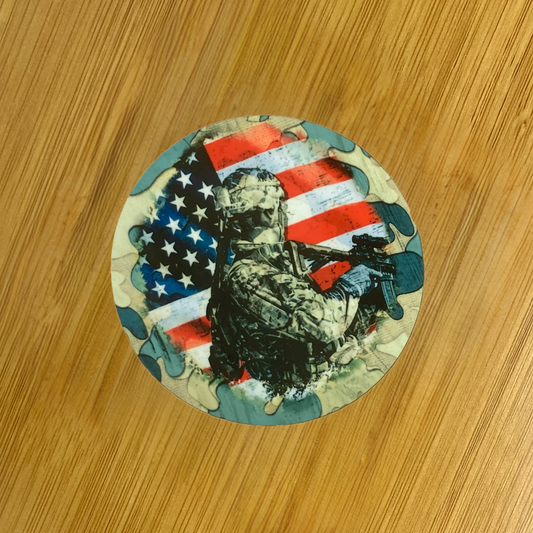 Soldier with American Flag Hardboard Coaster – 3.5" Round