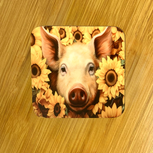 Pig in Sunflowers Hardboard Coaster – 3.5" Square